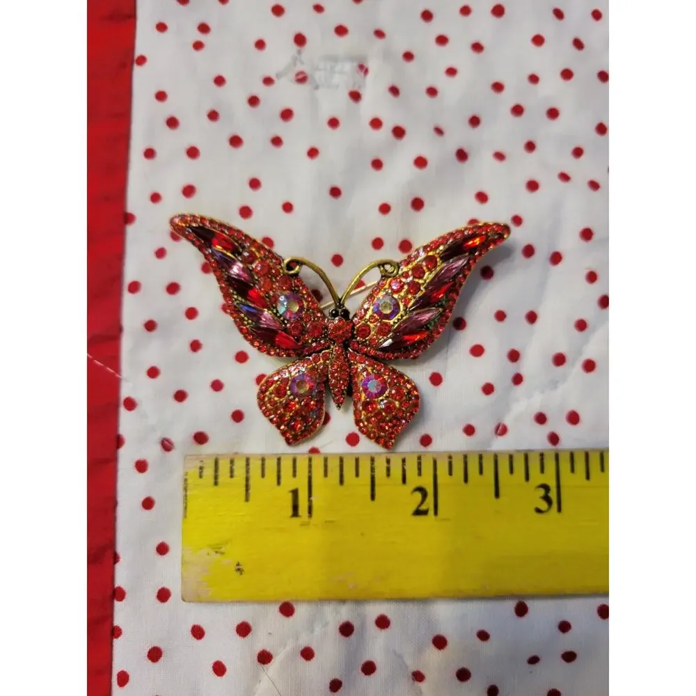 Butterfly Brooch Pin Gold Tone Red Rhinestones Bling